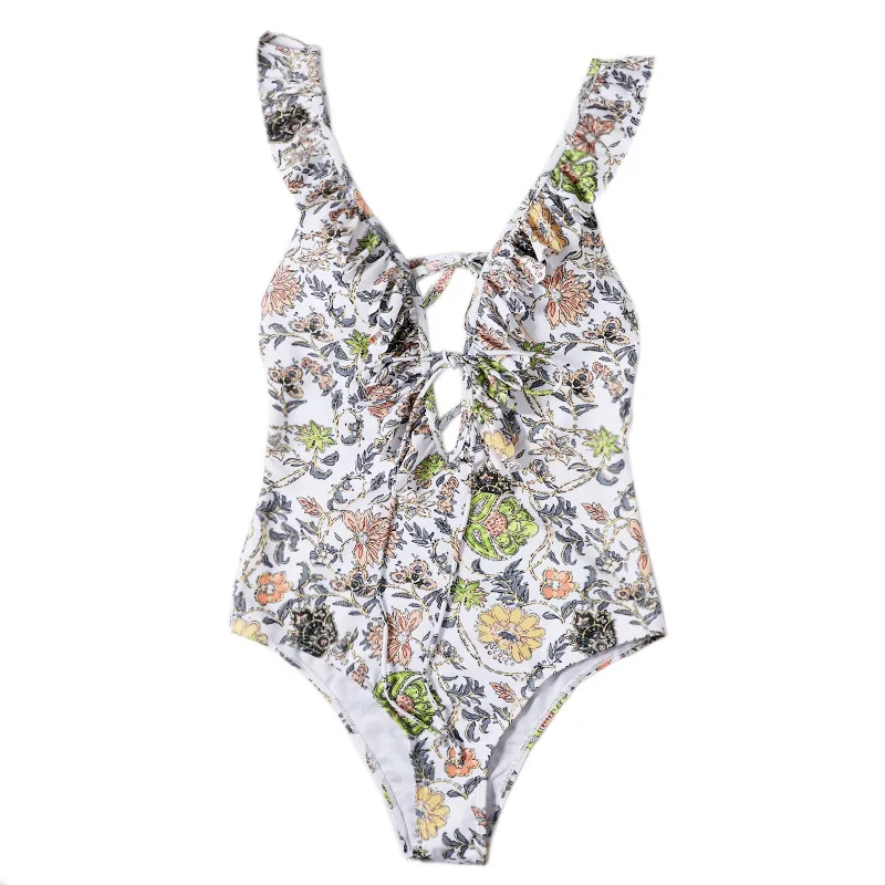 Цветочный слитный купальник на шнуровке с глубоким V образным вырезом женские