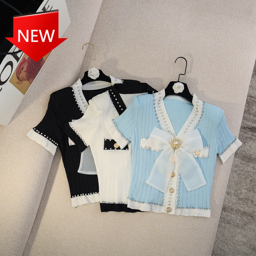 

r Elegant Sweet Cute Bowknot Diamond V-Neck Copper Button Knit Cardigan T-Shirt Top High Quality Women Fashion Summe