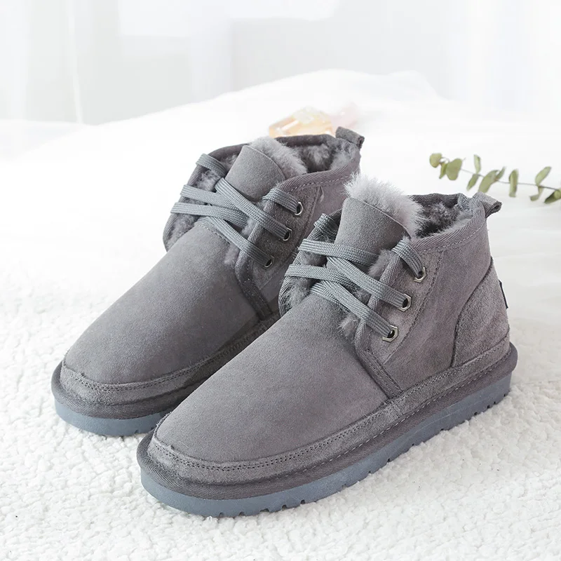 2021 Fashion Beckham snow boot for men lace-up winter shoes real sheepskin leather nature wool fur ankle short boots | Обувь