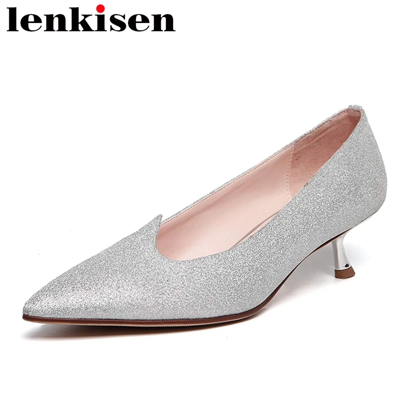 

Lenkisen 2020 hot superstar natural leather pointed toe strange med heel shoes women shiny beauty lady nightclub party pumps L64