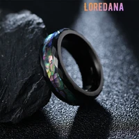 loredana fashion titanium ring for men pure black ring surface with long colorful shell stainless steel ring noble elegant r1063