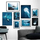 Картина на холсте, плакаты и принты глубоководного пейзажа, дельфин, медуза, черепаха, океан, погружение на стену, декоративные картины, украшение для дома