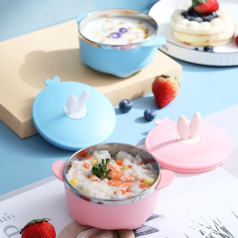 

Stainless Steel Children's Bowl Cartoon Sealed Heat Insulation Baby Supplementary Food Soup Bowl with Handle Home Kids Tableware