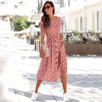 summer womens dresses fashion o neck print polka dot buttons casual loose lace up woman short sleeve dress 2021 robe femme