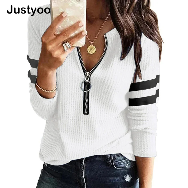 

2021 Women's V Neck Tshirts Long Sleeve Zipper Knit Loose Fitting Thermal Tunic Tops Femme T-shirts Women 2021 Mujer Camisetas