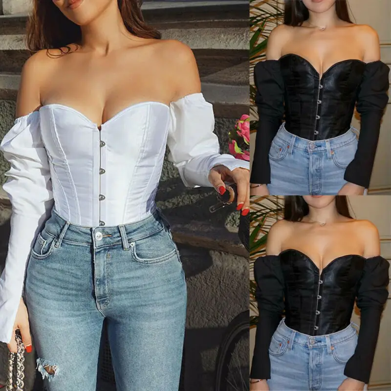 

Fashion Sexy Lady Female vintage courtly style Strapless boat neck long sleeve Bare Midriff Bandage corset bustier Crop Tops