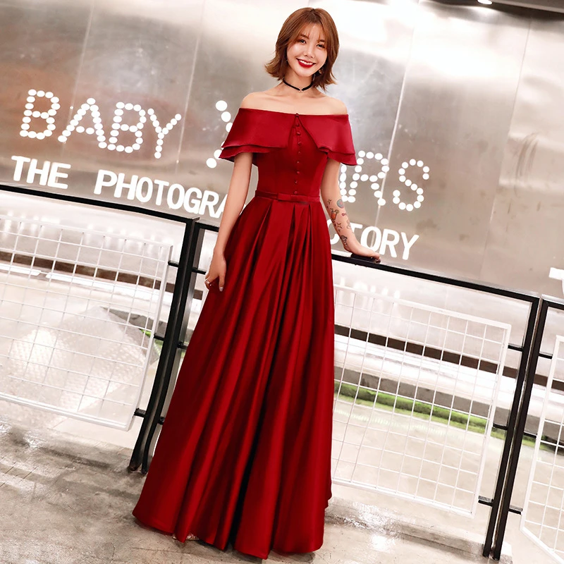 

Floor-Length dress New Elegant Long Evening Dress Boat Neck Slash neck with belt Party Prom Gown Asian Women Prom Dresses 2020