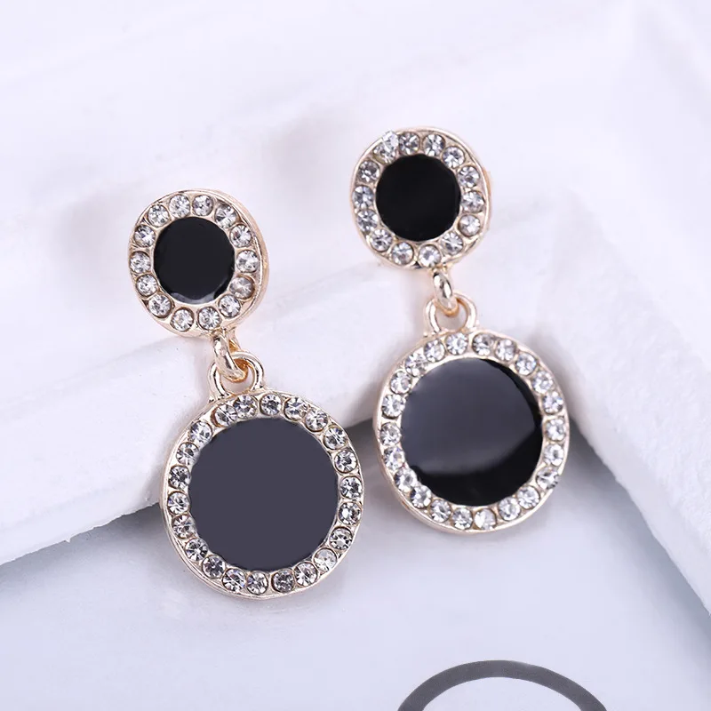 

Black oil drop round earrings female Korean temperament long rhinestone simple earrings net red earrings female