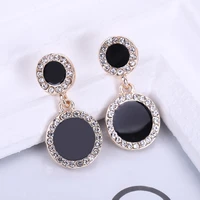 black oil drop round earrings female korean temperament long rhinestone simple earrings net red earrings female