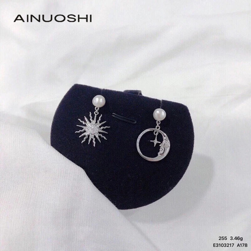 

Серьги-подвески AINUOSHI из стерлингового серебра 925 пробы с жемчугом, звезда, луна, солнце, асимметричные Висячие серьги для женщин, новинка 2021, ...