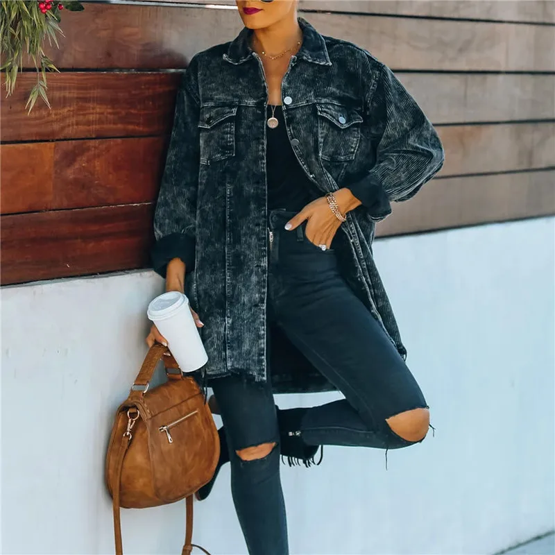 

Женская винтажная длинная Вельветовая куртка, повседневная однотонная куртка с длинным рукавом, отложным воротником, однобортное пальто с ...