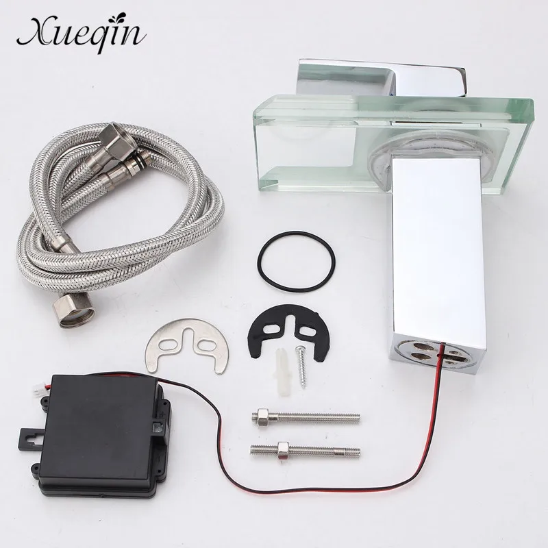 

LED Color Changes Glass Waterfall Basin Faucet Single Handle Kitchen Water Faucet Chrome Bathroom Bath Tub Sink Mixer Tap