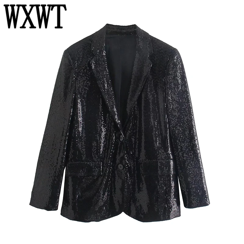 

WXWT Women Black Sequined Flowing Blazer Single Breasted Female Long Sleeve Jacket Ladies Streetwear Wear Tops OP9851
