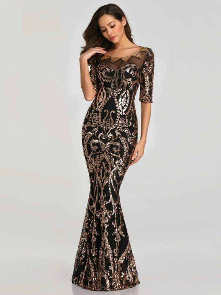 Вечернее платье с блестками 2020 Длинные Официальные Вечерние платья полурукавами