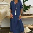 Платье женское джинсовое размера плюс, винтажное повседневное однотонное Свободное длинное платье из денима, с V-образным вырезом, на пуговицах, в богемном стиле, 2021