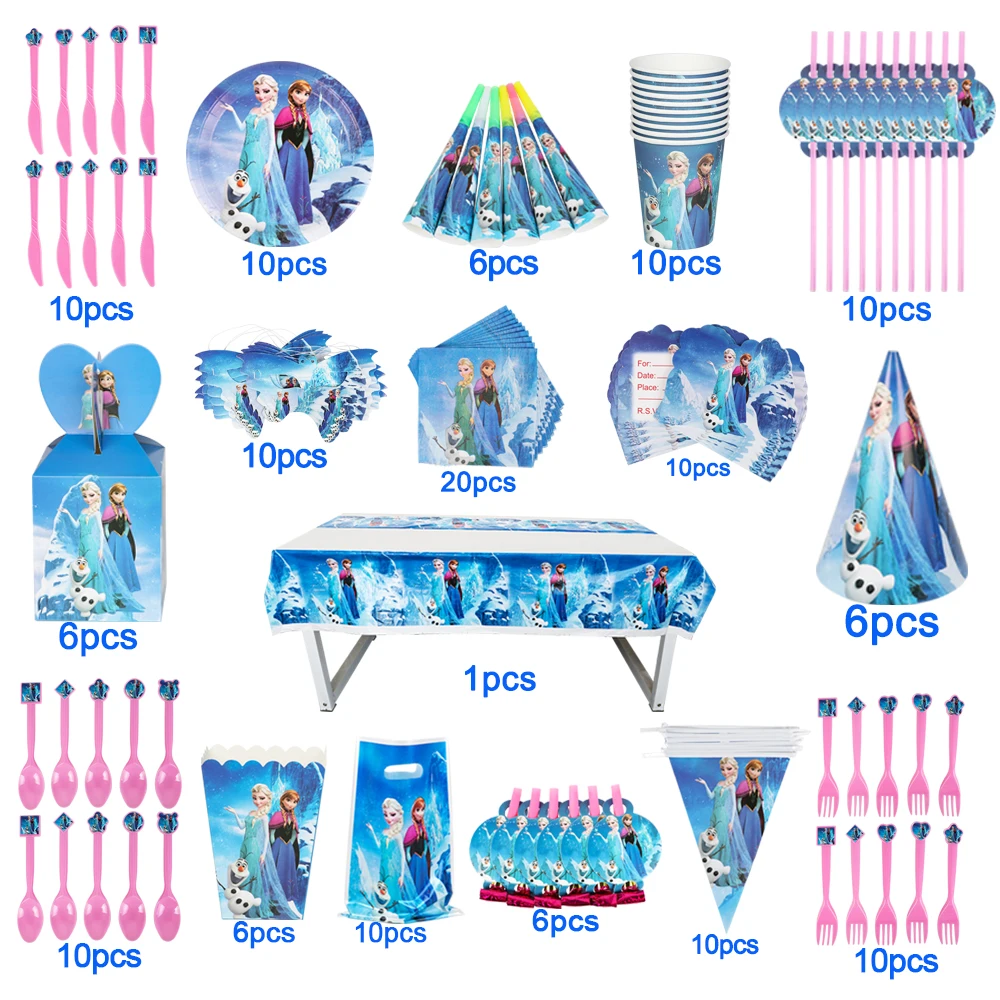 Disney Princess Frozen Party Disposable Tableware Cup Plate Napkin Straws Spoon Candy Box Gift Bag Birthday Decorations Supply