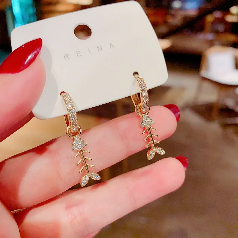 

Fishbone Pendant Earrings Hoop Earrings Exquisite Zircon Earring 2021 New Trendy Earrings Jewelry Women's Earrings S925 Earring