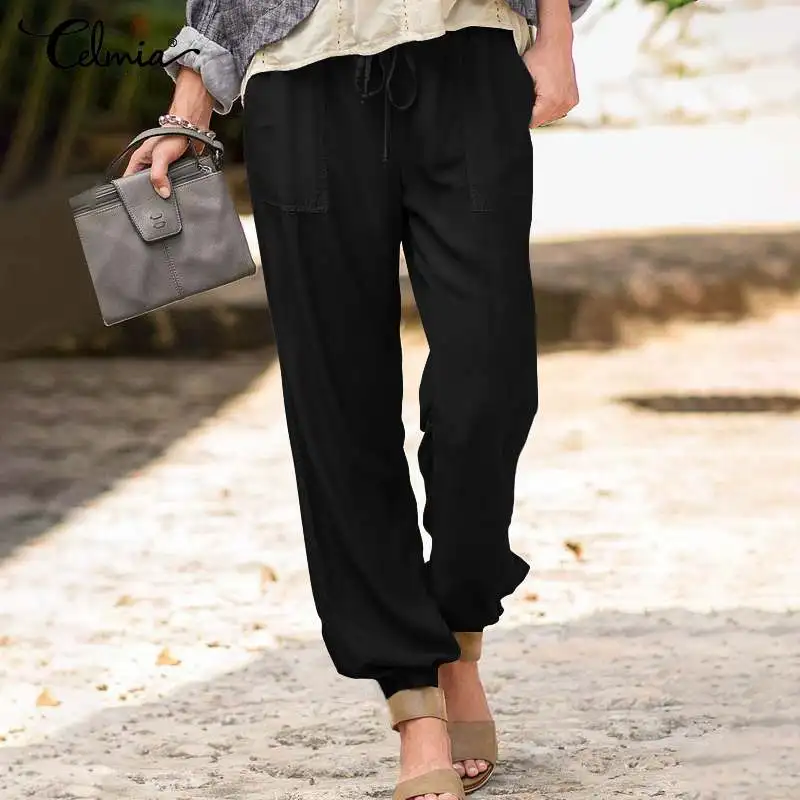 

Oversized Trousers Celmia Vintage Women Harem Pants Fashion Casual Loose Solid Long Palazzo Elastic Waist Pockets Work Pantalon