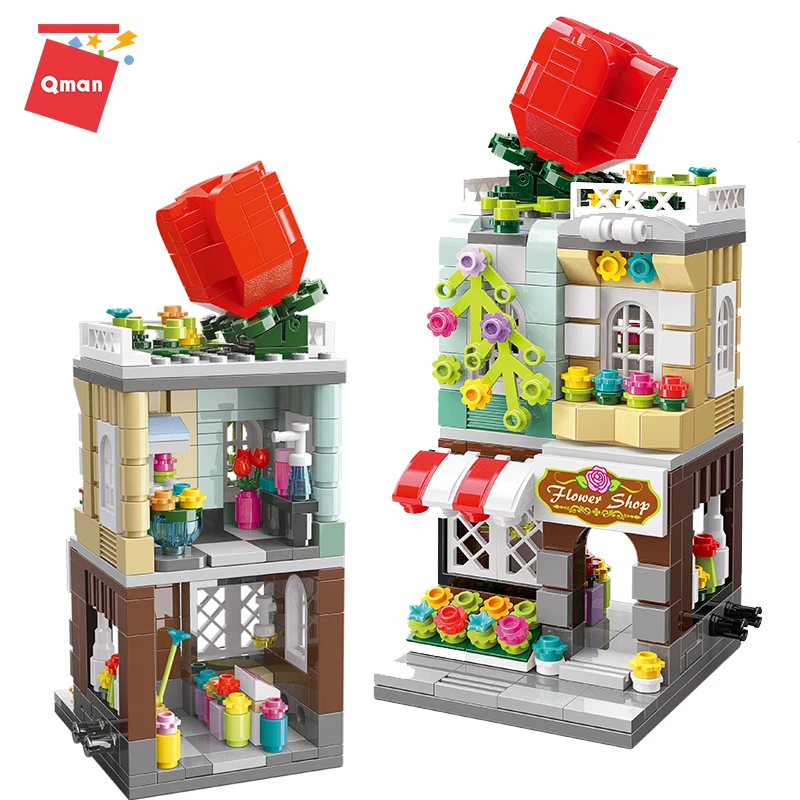 Конструктор Qman Mini Street View городской цветок макияж магазин кафе модель 3D