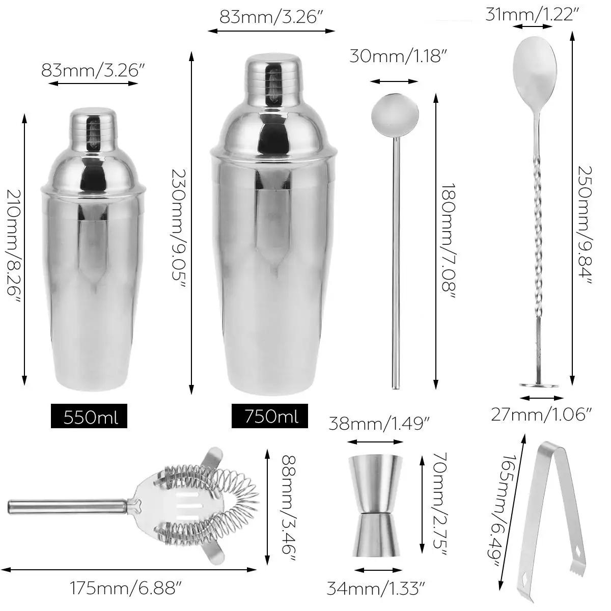 

5-6pcs 750/550ml Stainless Steel Bar Cocktail Shaker Set Shaker Mixer Set Jigger Mixing Spoon Tong Barware Bartender Tool