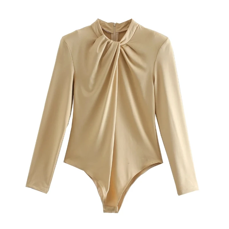 

Women Stand Collar Shoulder Padded Knitted Bodysuits 2021 New Casual Female Knotted Decoration Slim Jumpsuits P1923