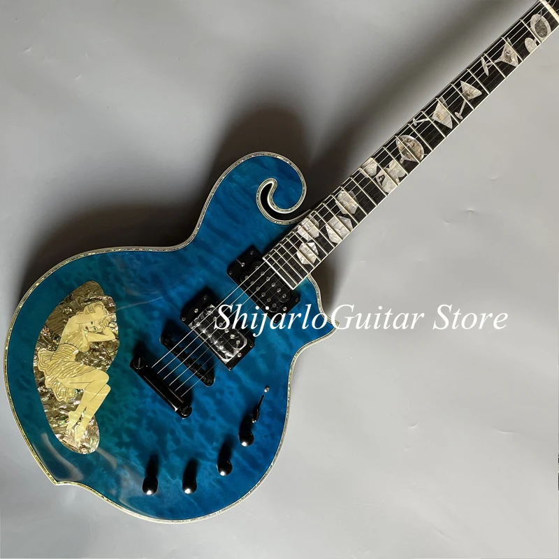 

Custom electric guitar, blue flower body, shell pattern, ebony fingerboard, black hardware, double pickup, free shipping