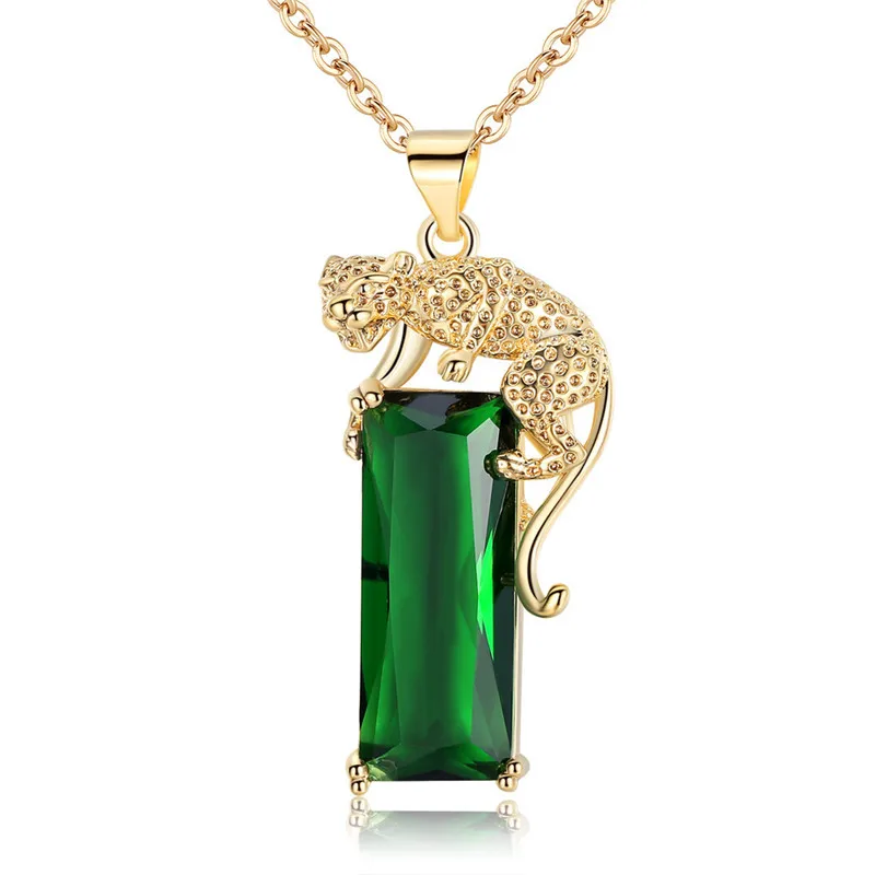

Gold Leopard Pendants Necklace Geometric Square Green Stone Chain For Ladies Jewelry Gifts Animal Elements 45CM