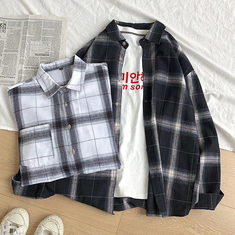 Рубашка мужская повседневная в клетку черная/белая оверсайз с длинным рукавом