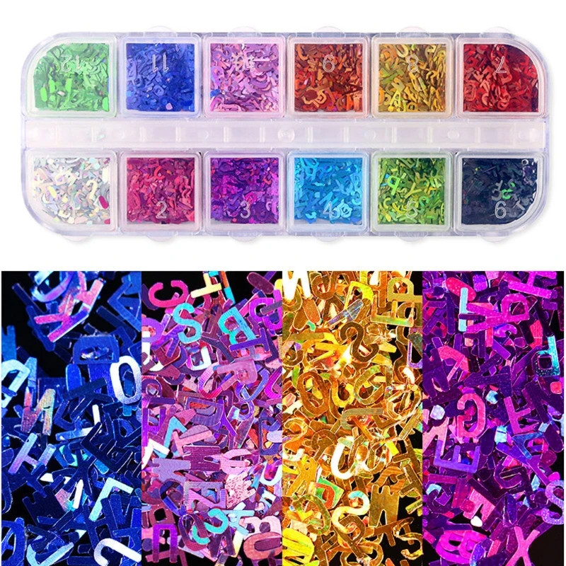 

2021 12 Colors Alphabet Holographic Laser- 26 English Letters Mixed Chunky Glitter Epoxy Resin Festival Chunky Letters Sequin