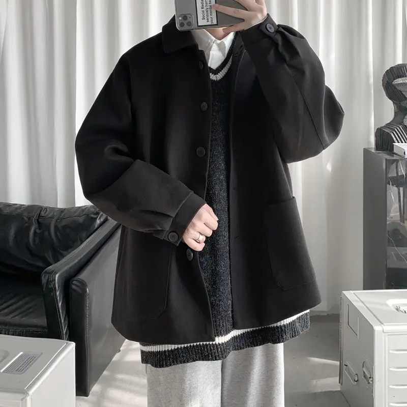 

Korean Style Short Woolen Coat Men's Fashion Solid Color Casual Lapel Woolen Coat Men Loose Woolen Jacket Mens Overcoat S-2XL