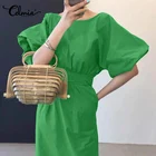 Стильный халат Celmia с пышными рукавами, платье-футляр с круглым вырезом, элегантный бандажный офисный сарафан средней длины, повседневное женское платье на талии для работы