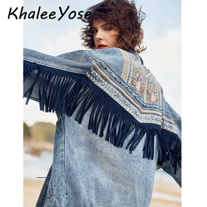 Куртка джинсовая женская, с цветочной вышивкой, с бахромой и заклепками, с длинным рукавом, осень пальто бохо