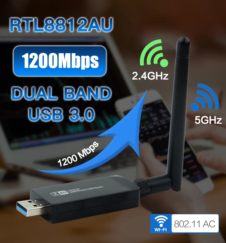 Беспроводной AC1200 RTL8812AU двухдиапазонный USB 3 0 Wi-Fi карта Wlan адаптер 802.11ac с антенной