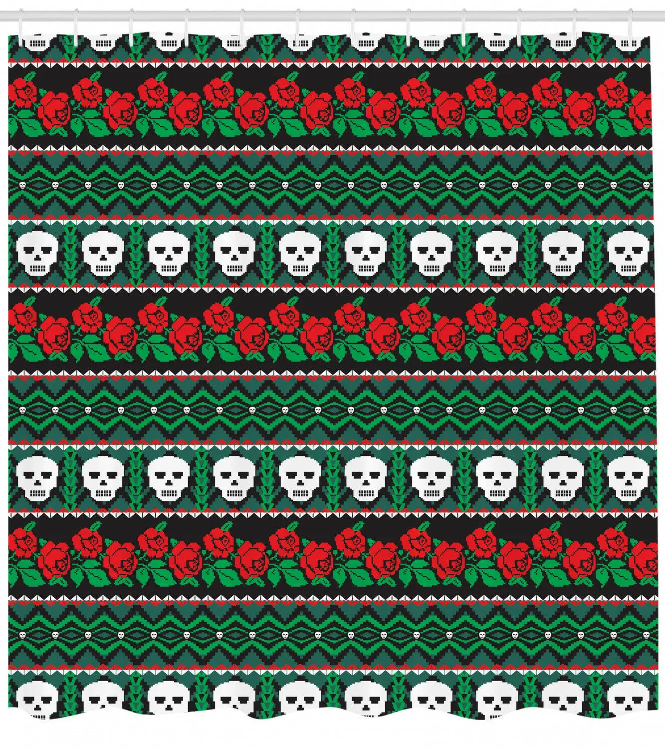

Folk Art Skulls and Roses Knitted Look Pattern Extra Long Shower Curtain