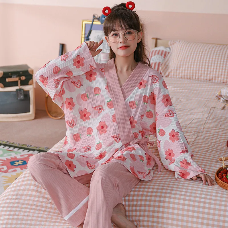 2021 Japanese Style Kimono Spring Autumn NewCotton  Ladies Thin Nightgown Women Bathrobe Robe Home wear Service Pajamas 2pieces