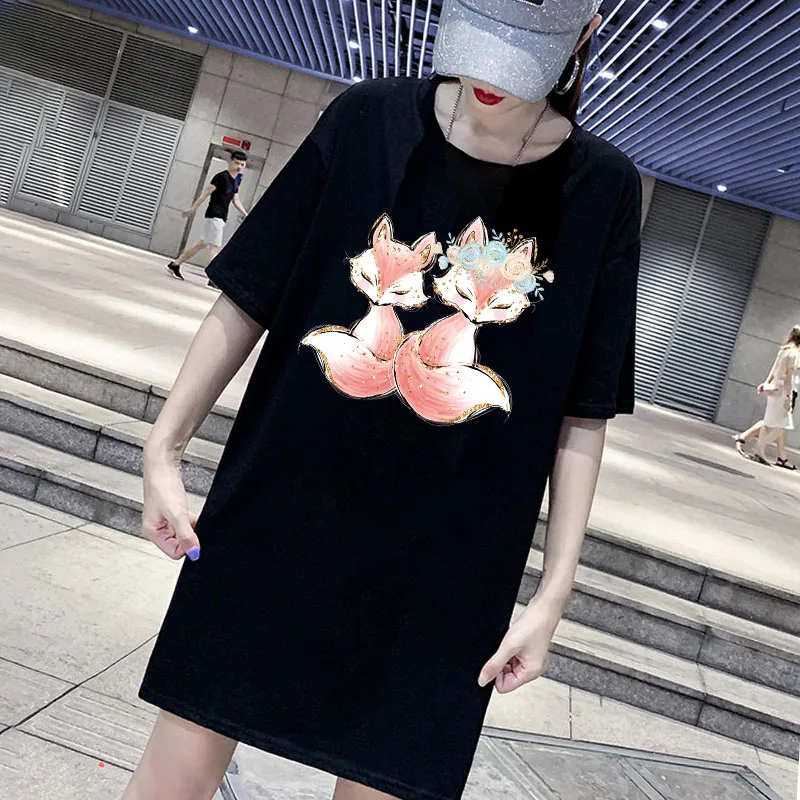 

Fox Print Dress Mini Women Loose Summer T-Shirt Dresses Korean Short Sleeve Casual Streetwear Pullover Dress 2021