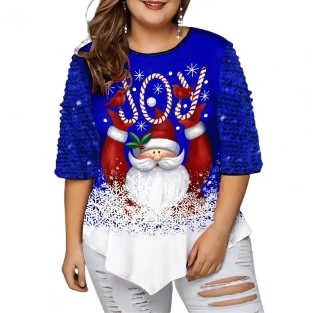 

Loose Women Xmas Blouse Sequined Irregular Hem Splicing Three Quarter Sleeve O Neck Autumn Winter Plus Size Ladies Blouses