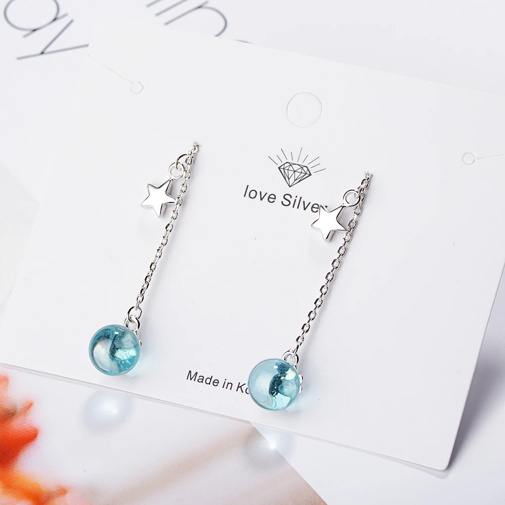 

925 Sterling Silver Fantastic Blue Planet Crystal Bead Long Tassel Earrings With Star Embellished For Women Gift S-E667