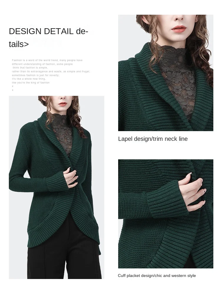 Autumn Winter Womens Outerwear V-Neck Dark Green Cardigan Sweater Mid-Length Turn-down Collar Fashion Slim Knitting Wool Sweater images - 6