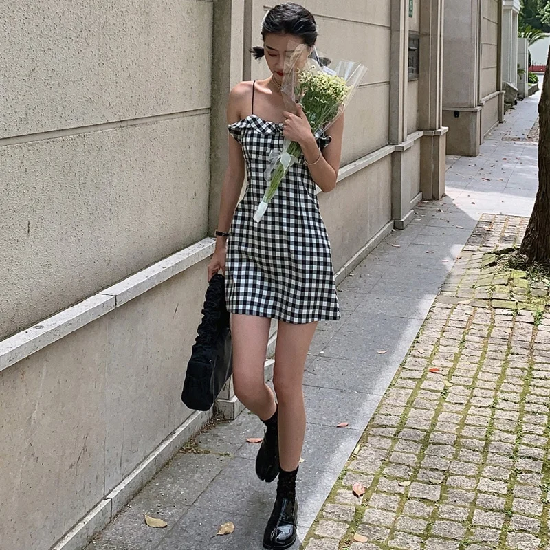 

Vintage Plaid Dress Women Summer Sleeveless Sling Mini Dress Women Party Dresses