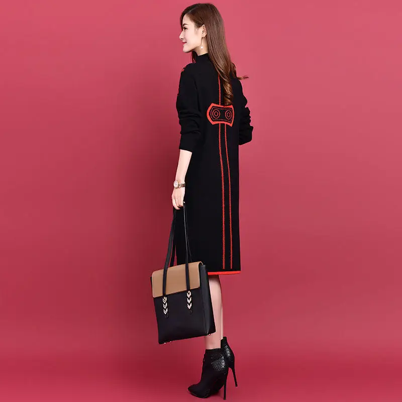 

Women's Dress Autumn and Winter New Printing Color Contrast Half-Collar Slimming Large Size Jersey Dress