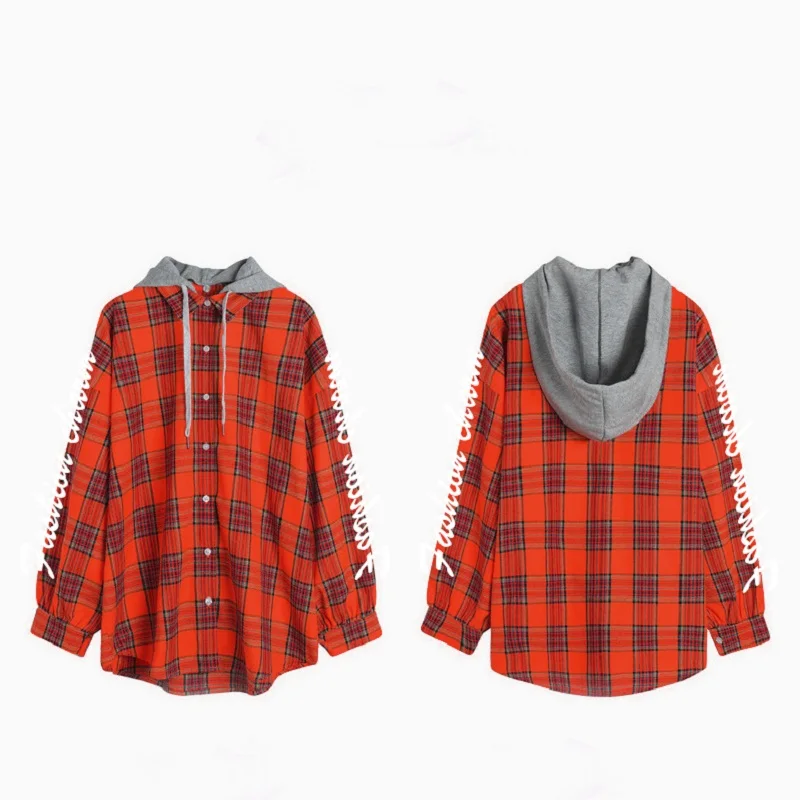 ZOGAA Long Sleeve Shirt Top Fashion Women Classic Plaid Long Sleeve Hoodie Button-up Shirts Blouse Casual Hooded Top Blouse