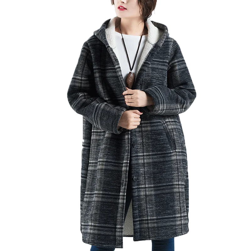 Женское шерстяное пальто с капюшоном зимнее платье большого размера тонкое для