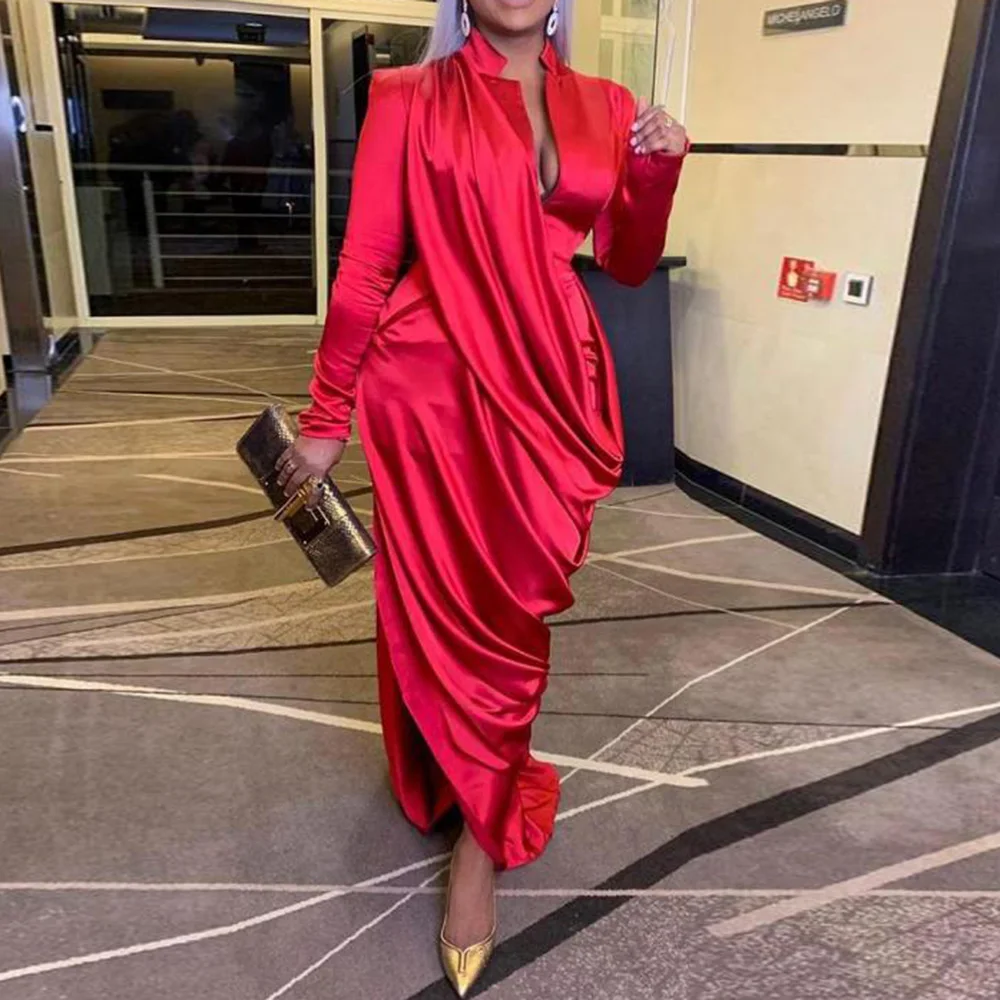 

2021 New Fashion Red Satin Women Long Dress Party Sexy Robe Chic Plunging Neck Lady Pleated Dresses