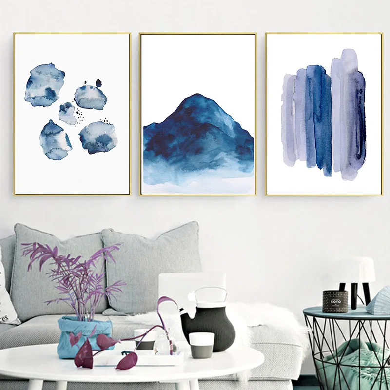 

Nordic Watercolor Wall Art Navy Blue Landscape Canvas Painting Mountain Posters and Prints Modern Bedroom Living Room Decor