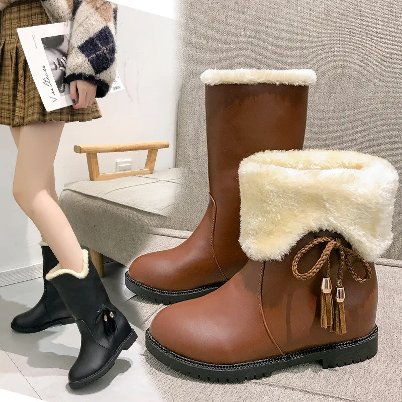 Женские повседневные ботинки до середины икры на плоской подошве с круглым