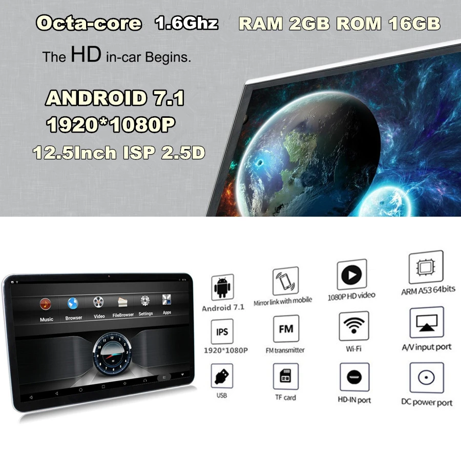 1 шт. 12,5 дюймов подголовник заднего сиденья мониторы Android 7,1 HD 2 ГБ+ 16 Гб 1,6 ГГц wifi 3g/4G BT Зеркало Ссылка OBD TPMS FM сенсорный экран