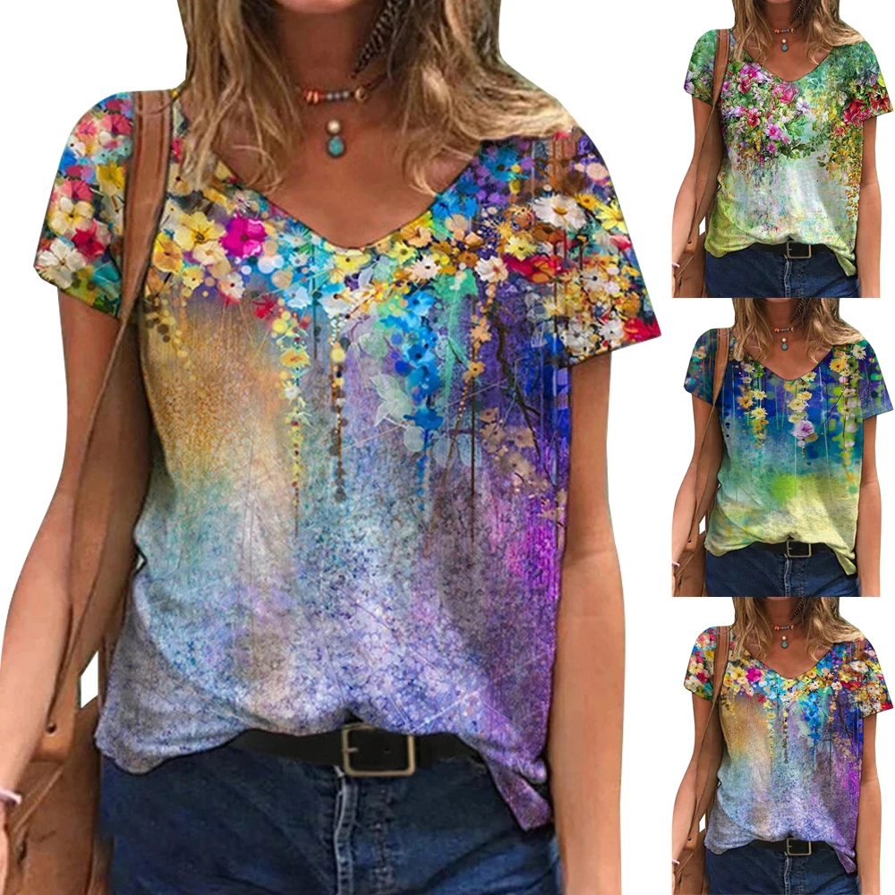 

Womens Summer Casual Floral V-Neck Short Sleeve T-Shirt Vintage Individuality Printed Loose Top Feamele Tees