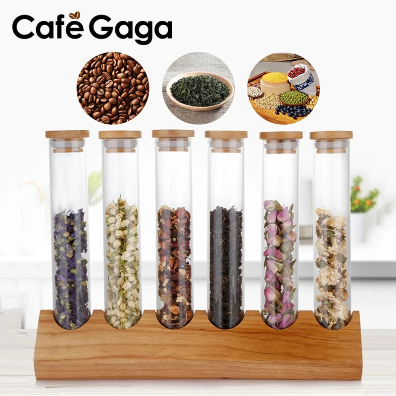 Деревянный стеллаж для кофе в зернах цветов чая стеклянная пробирка с пробковым