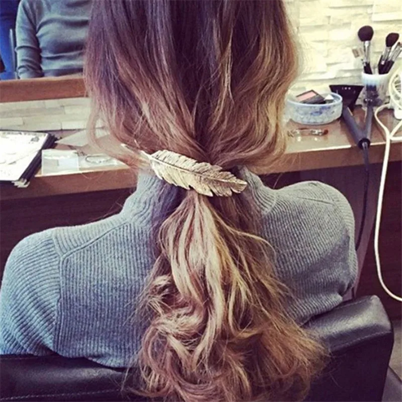 Модные заколки для волос с листьями и перьями серебристые золотистые